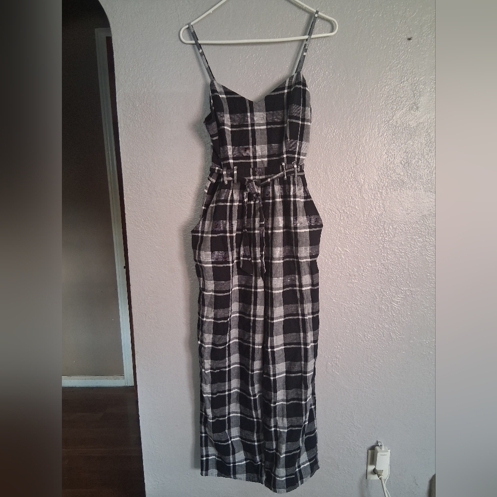 American Eagle Plaid Cotton Linen Blend Black And White  Jumpsuit M